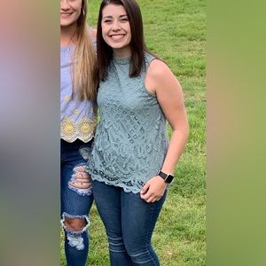 Rewind Womens Tank Top Boho Mock Neck Sleeveless Teal Lace